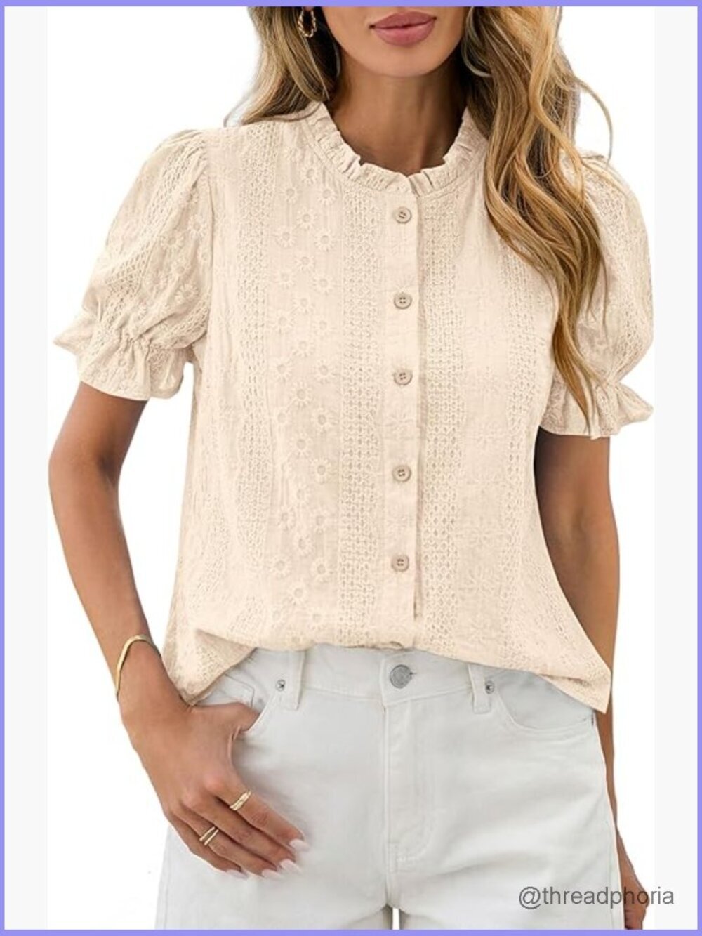 Embroidered Puff Short Sleeve Blouse Button Down Boho Tops